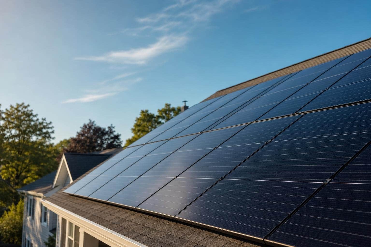 Close-up of rooftop solar panels on a residential home in the Hartford area with sunlight and soft sky reflections.