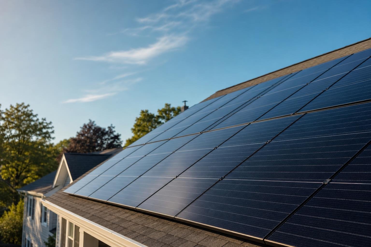 Close-up of rooftop solar panels on a residential home in the Hartford area with sunlight and soft sky reflections.