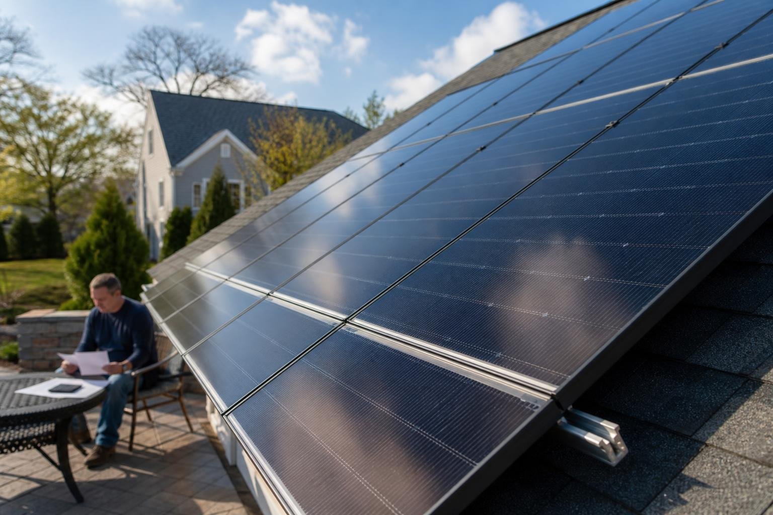 Residential solar panels in sharp focus with a homeowner reviewing paperwork in the background, suggesting solar incentive planning.